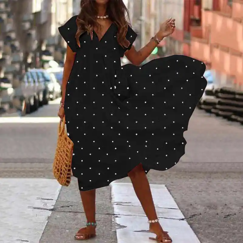 Balck Dot Платье С Рюшами размера плюс, Женский ассиметричный сарафан, ZANZEA, модное летнее макси платье, женское платье с коротким рукавом, Femme 5XL - Цвет: Balck Dot