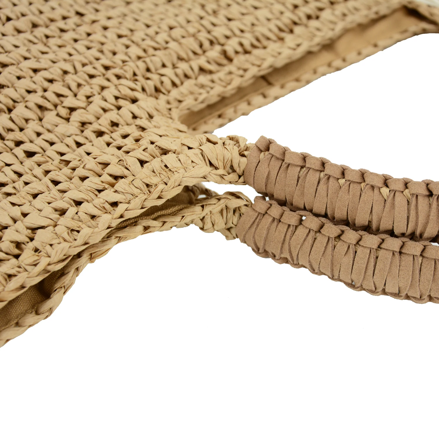 

Handmade Crocheted Fashion Natural Paper Straw Brown Beach Tote Bag Handbag with Cotton Lining Tassels Trimming for The summer