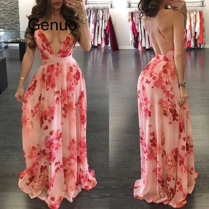 

Print Floral Loose Boho Deep V Neck Backless Long Women Dress 2018 Maxi Dresses Vestidos Sexy Back Cross Beach Summer Dress