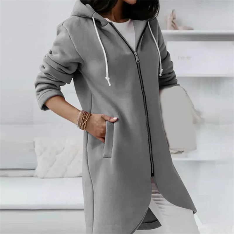 

Fleece Outerwear Autumn Hooded Long Coat Women Zipper Hoodies Long Sleeve Jackets Solid Color Simple All-Match Sweatshirt