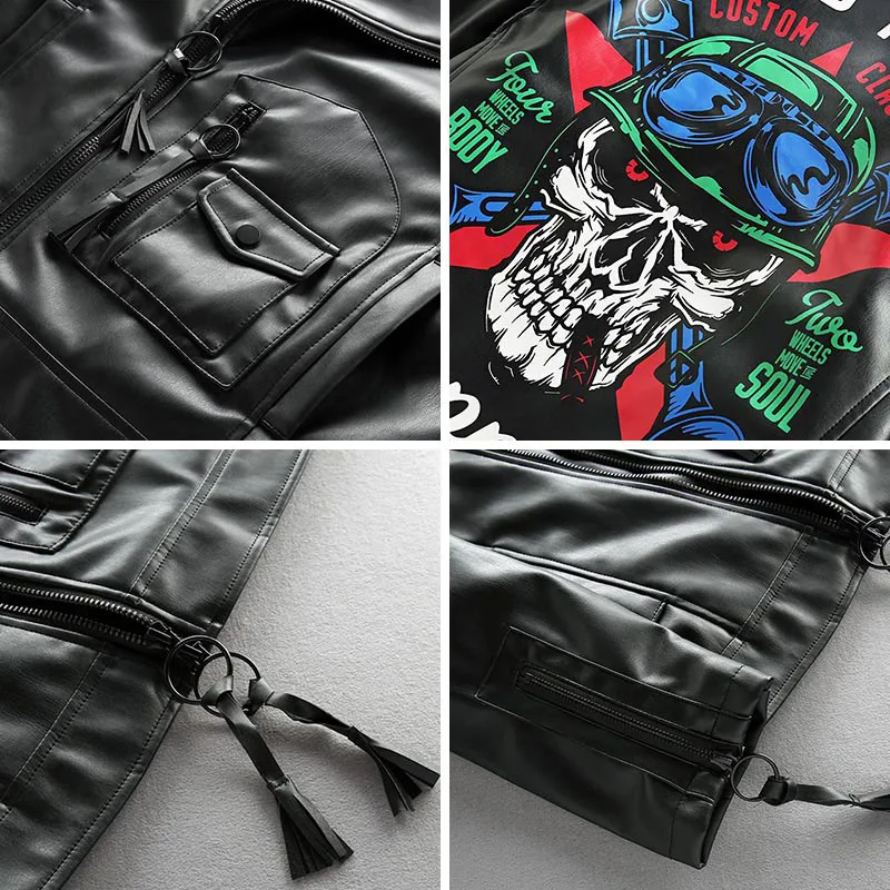 

Europe PU Faux Leather Jacket Men Long Sleeve Zipper Jacket Back Skull Print Fashion Streetwear Male Autumn Motorcycle Outerwear