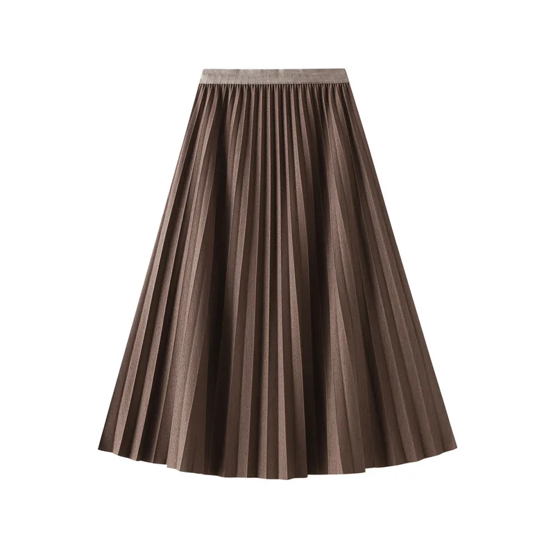 

2021 Autumn Elegant Fashion Pleated Skirts Womens High Waist Midi Long Skirts Lady Vintage Retro Brief Black Solid Color Faldas