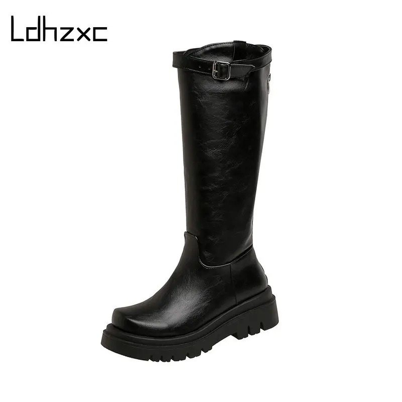 

LDHZXC New Big Size Knee High Boots Women Square High Heels Platform Ladies Boots Zipper Autumn Winter Boots Female