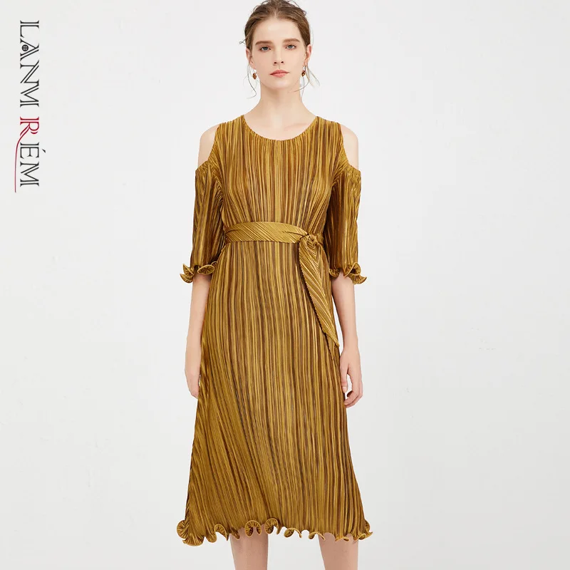 Платье женское Плиссированное с поясом без бретелек рукавом до локтя|Женские