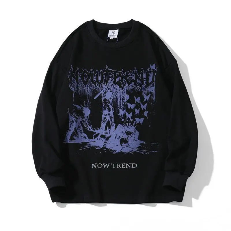 

High Street Printed Sweatshirt Men Long Sleeve O-Neck Sweatshirts Autumn New Harajuku Vintage Dark Loose Casual Clothes Trend