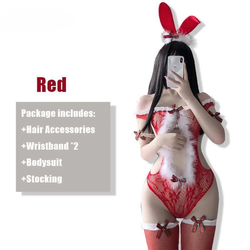 

Sexy Lingerie Red Christmas Cosplay Costumes Lace Up Plush Sexy Bodysuit with Stocking Outfit Hollow Temptation Uniform Suit New