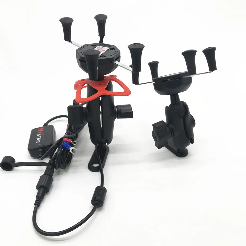 6cm Arm Aluminum Double Socket L Type Motorcycle Base Mount Rearview Mirror Phone Holder USB Chargerfor Gopro Smartphone | Электроника