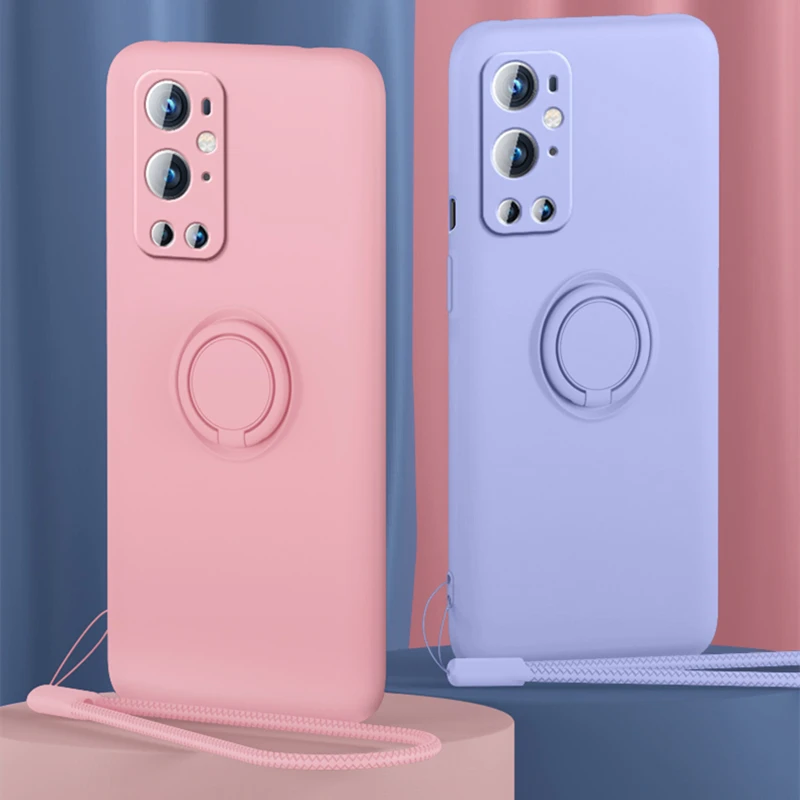 

Luxury Liquid Silicone Magnetic Ring Holder Phone Case For Oneplus 8 9 Pro Soft Lanyard Stand Cover For Oneplus 8 9 Pro Nord