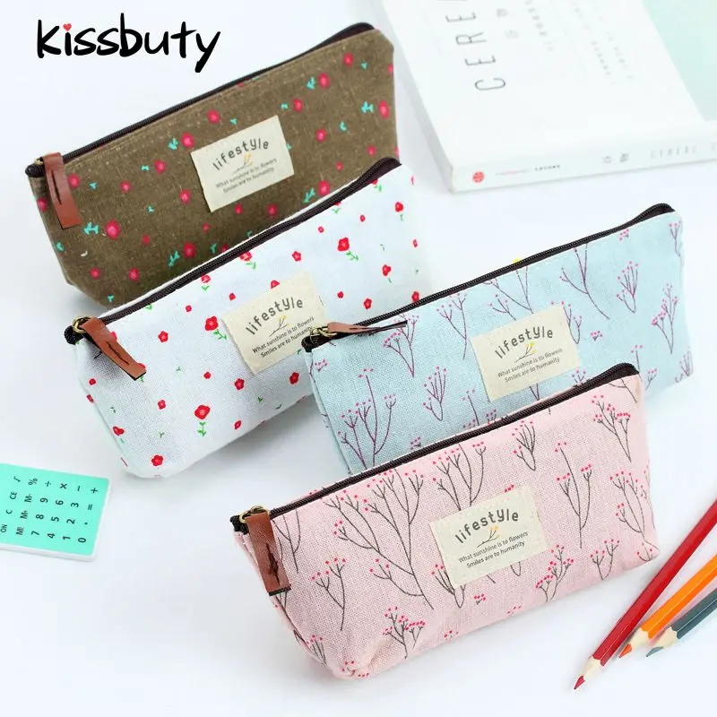 

New Cute Floral Flower Canvas Zipper Pencil Case Lovely Fabric Kawaii Tree Pen Bags School Office Supplies Stationery