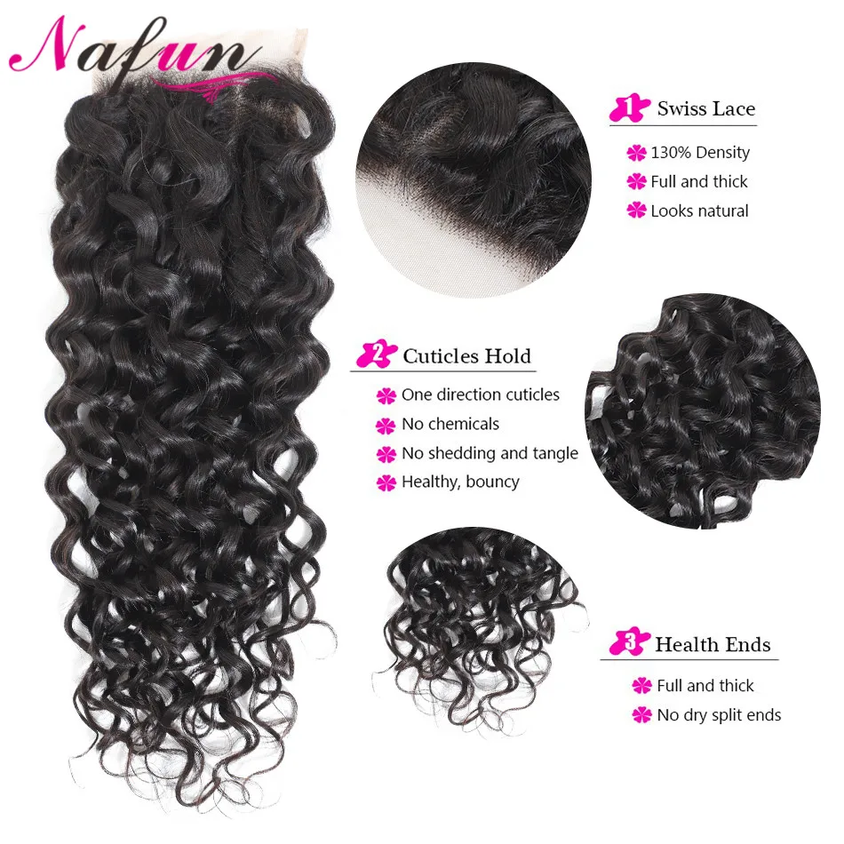 Nafun Water Wave Lace Closure Peruvian Human Hair 4x4 Free/Middle/Three Part Non Remy Swiss | Шиньоны и парики