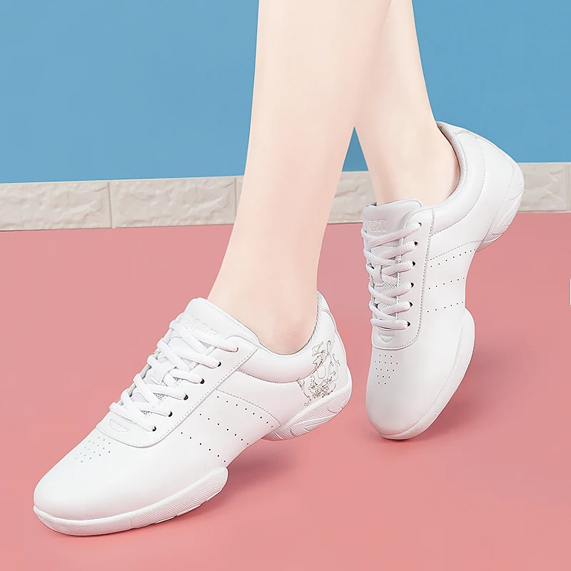 

Women White Sneakers Fashion Leather Dance Shoes Low Top Breathable Sport Shoes Woman Soft Rubber Sole Ladies Trainers