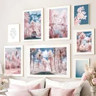 Розовые растения, кокосовые деревья, тростник, автомобиль, Пальмовая дорога, плакаты и принты, Настенная живопись на холсте, настенные картины для декора гостиной