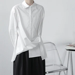 Рубашка с асимметричным подолом для мужчин и женщин, Повседневная модная свободная однотонная уличная одежда в японском и корейском стиле для пар, с длинным рукавом