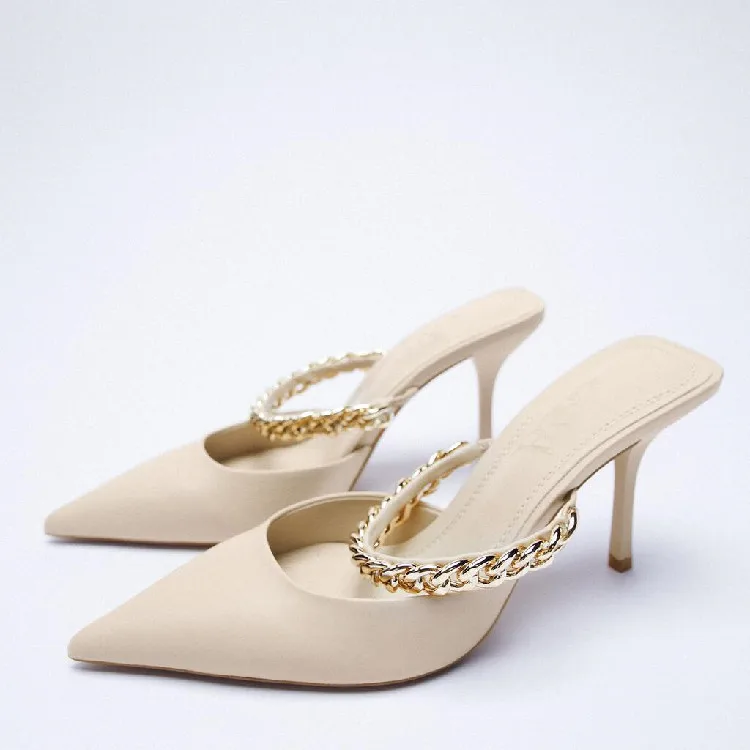 LMCAVASUN 2021 New Elegant Chain Mueller Shoes Pointed Mary Jane Brown High Heels Thin Heel Back Empty Sandals | Обувь