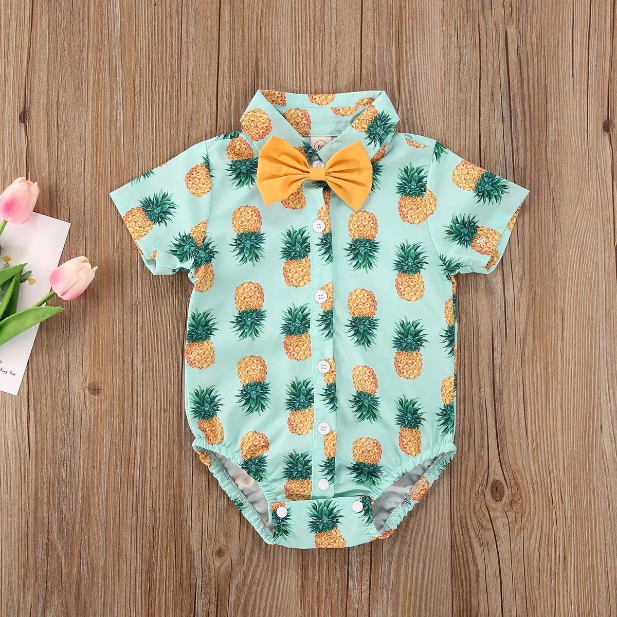 

0-18M Newly Summer Gentleman Kids Boys Bodysuits 4 Colors Bow Short Sleeve Print Single Breasted Jumpsuits