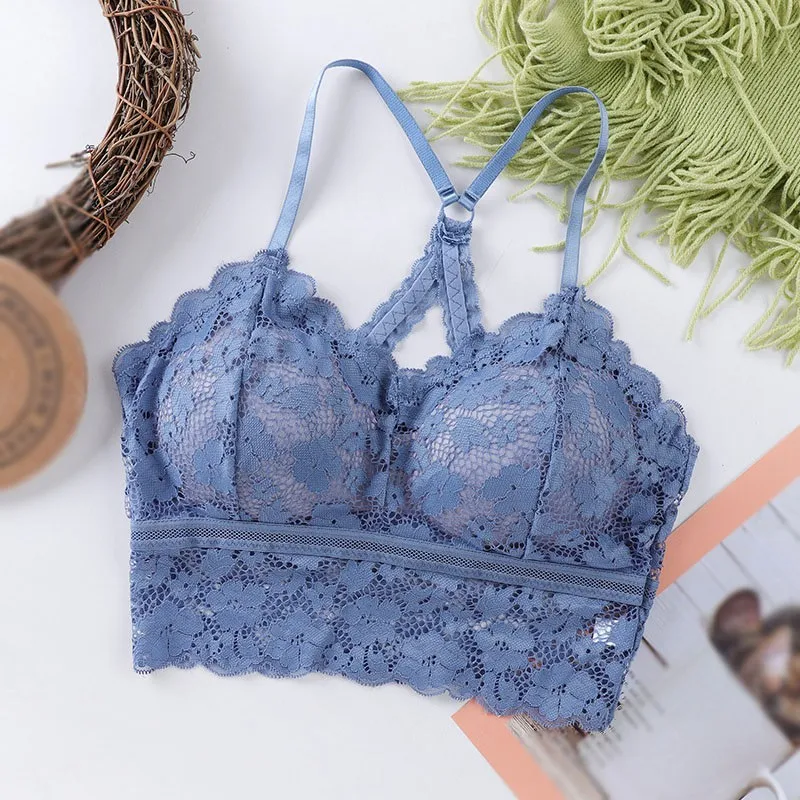 

2021 Women's Sexy Y-line Straps Everydaywear Lace Bra Solid Color Korean Comfortable Strap Cotton Pad Underwear Feme 2021
