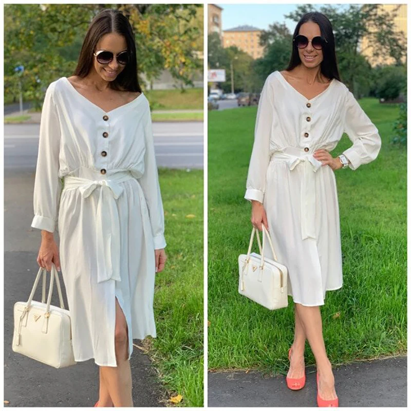 Женское Бандажное платье рубашка с треугольным вырезом и рукавами фонариками