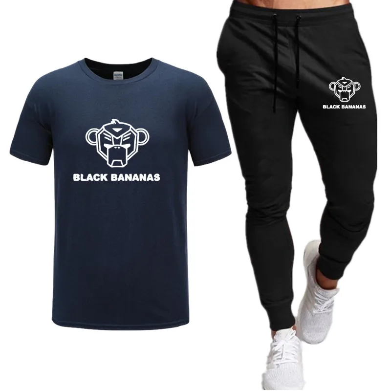 

Fashion T-shirt Long pants Suit BLACK BANANAS Men Summer 2 Sportswear + pants Suit Men's Breathable Casual Shirt Suit Sportswear