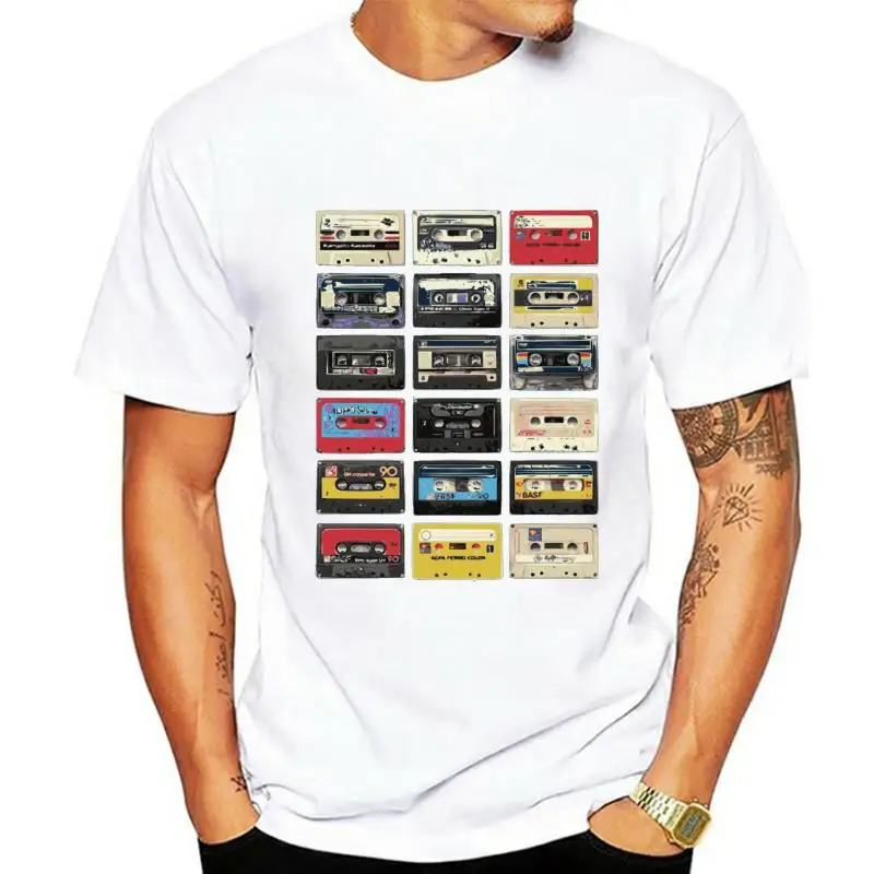

Футболка мужская в стиле ретро, пикантная тенниска с аудиокассетами в стиле Харадзюку, под заказ