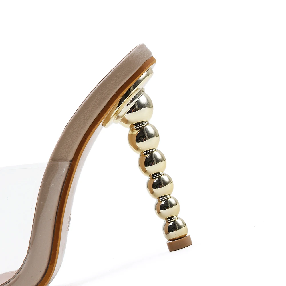 

GENSHUO Women Sandals Clear Mule Heels Sandals Slippers Women Metal High Heels Flip Flops Square toe Slides Party Shoes Woman