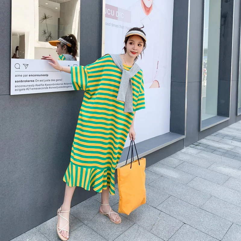 

Striped T Shirt Dress Oversized Women with Detachable Shoulder Decorate Korean Style Patchwork Ruffles Hem Midi Dresses Summer