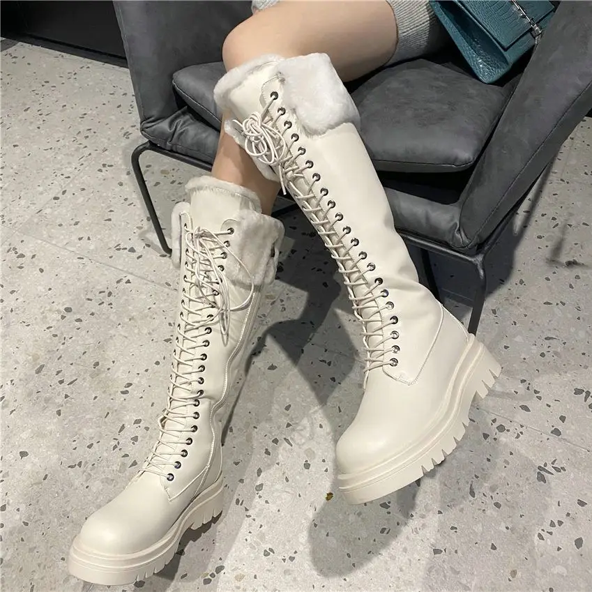 

Fashion Long Boots Winter Women Leather Round Toe Knee High Boots Wool Fur Flat Platform Creeper Shoes Party Oxfords EUR35 -43