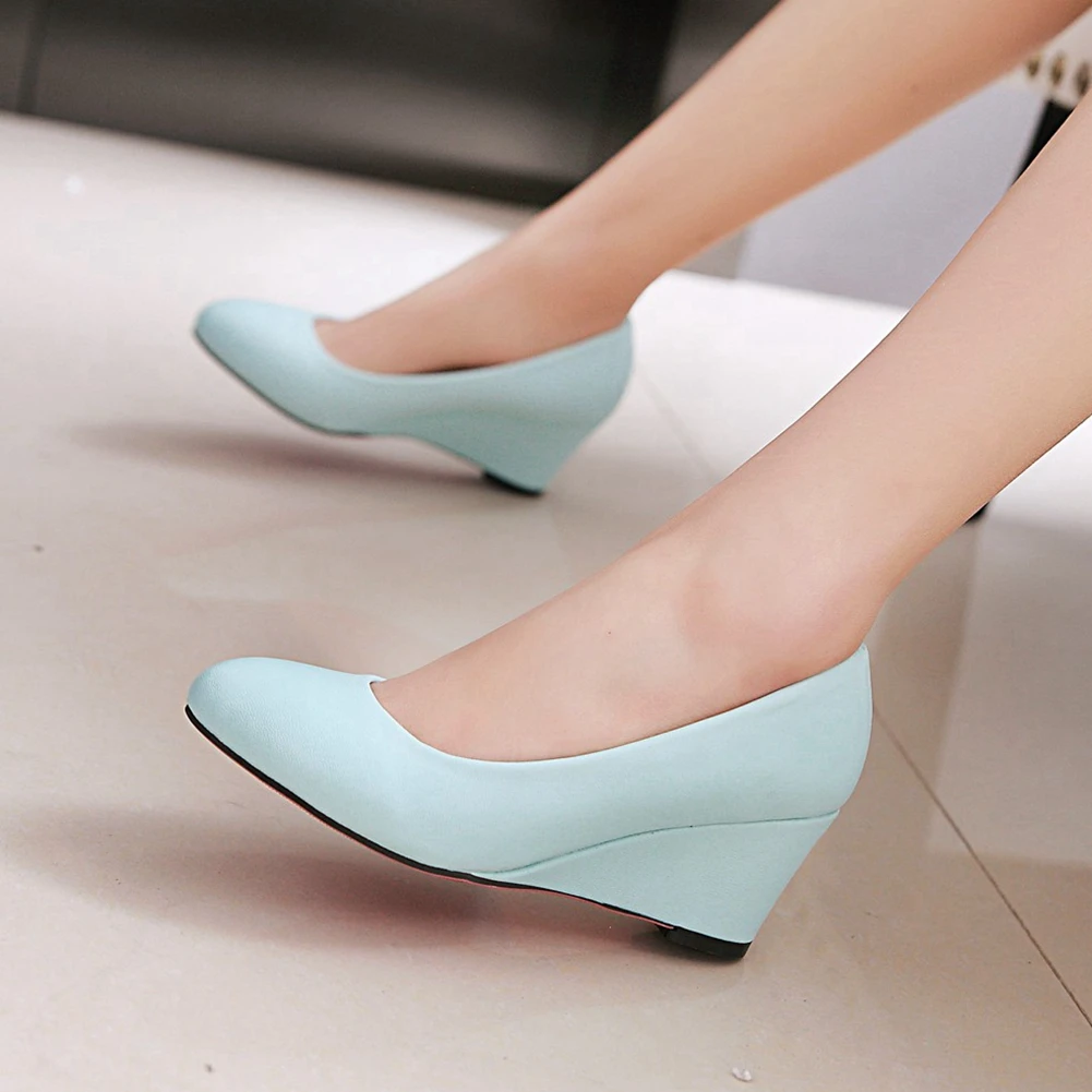 

GIGIFOX 2021 Women's High Heel Wedge Shoes Woman Slip On Party Wedding Office Black White Pink Blue Beige Pumps Big Size 43