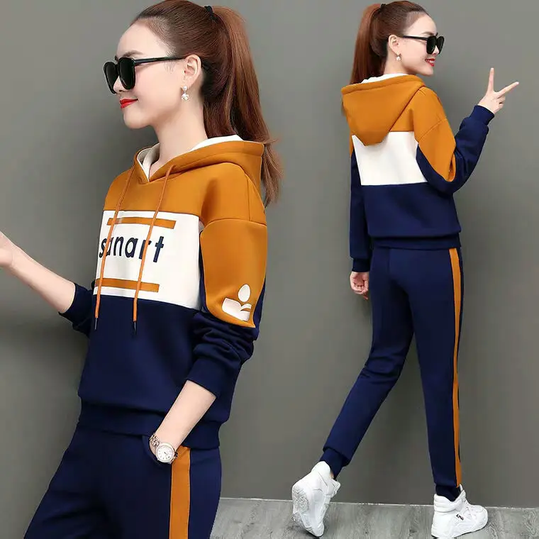 

Spring and autumn leisure sports Outfits women's 2021 new Korean wind loose hooded sweater size sportswear two-piece set