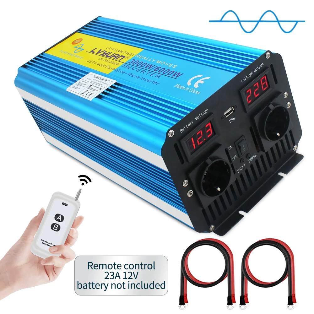 

DC12V/24V AC 230V 3000W/6000W Converter Pure Sine Wave Inverter Voltage Transformer LED USB Charging EU Socket For Refrigerator