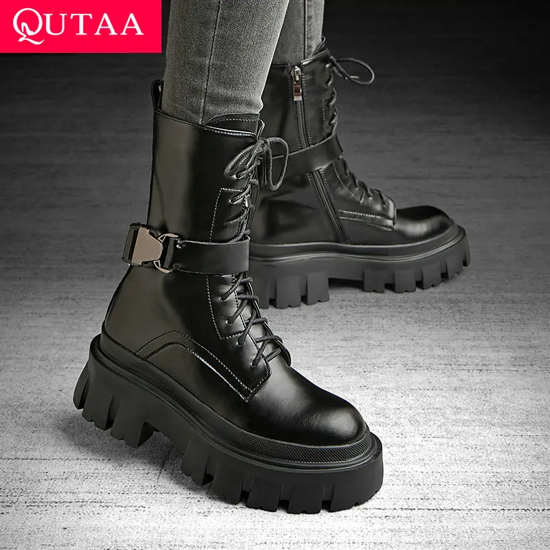 

QUTAA 2022 Mid Calf Boots Autumn Winter Genuine Leather Zipper Women Shoes Round Toe Square High Heel Short Boots Big Size 34-39