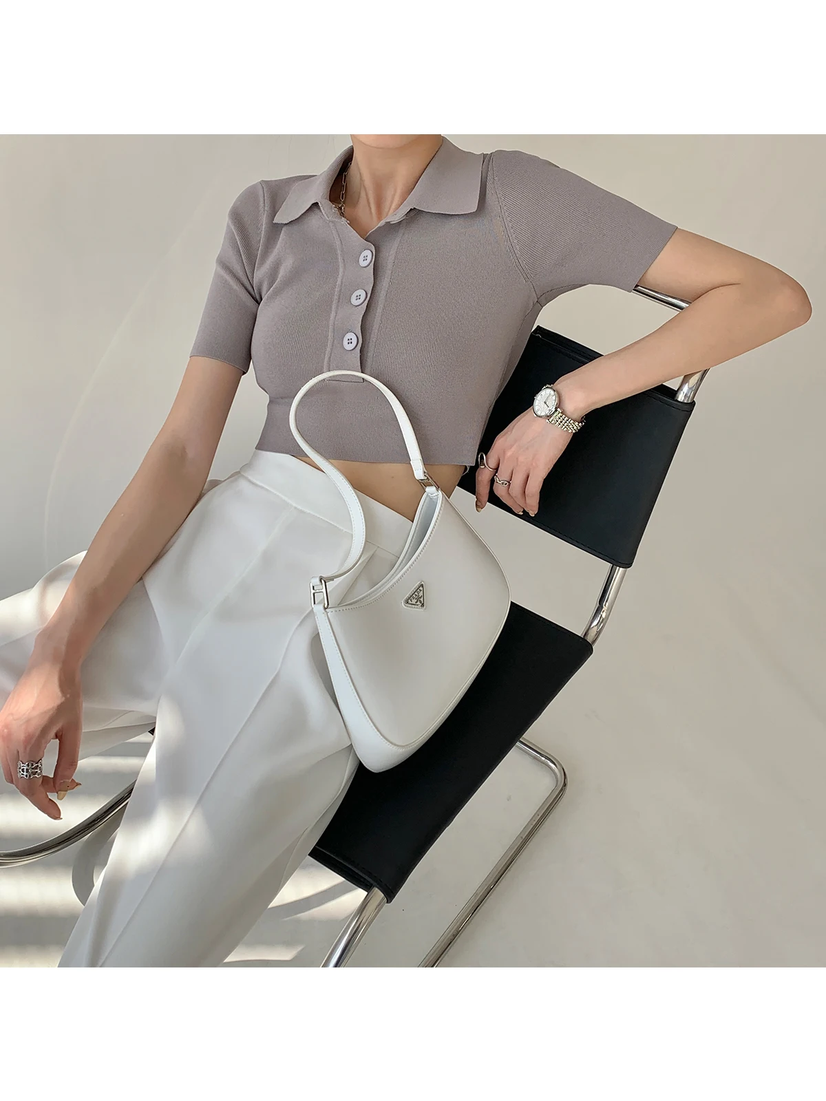 

HESAPP Polo shirt neckline short knit T women blusas self-cultivation all-match poleras fashion roupas cropped Korean blouse