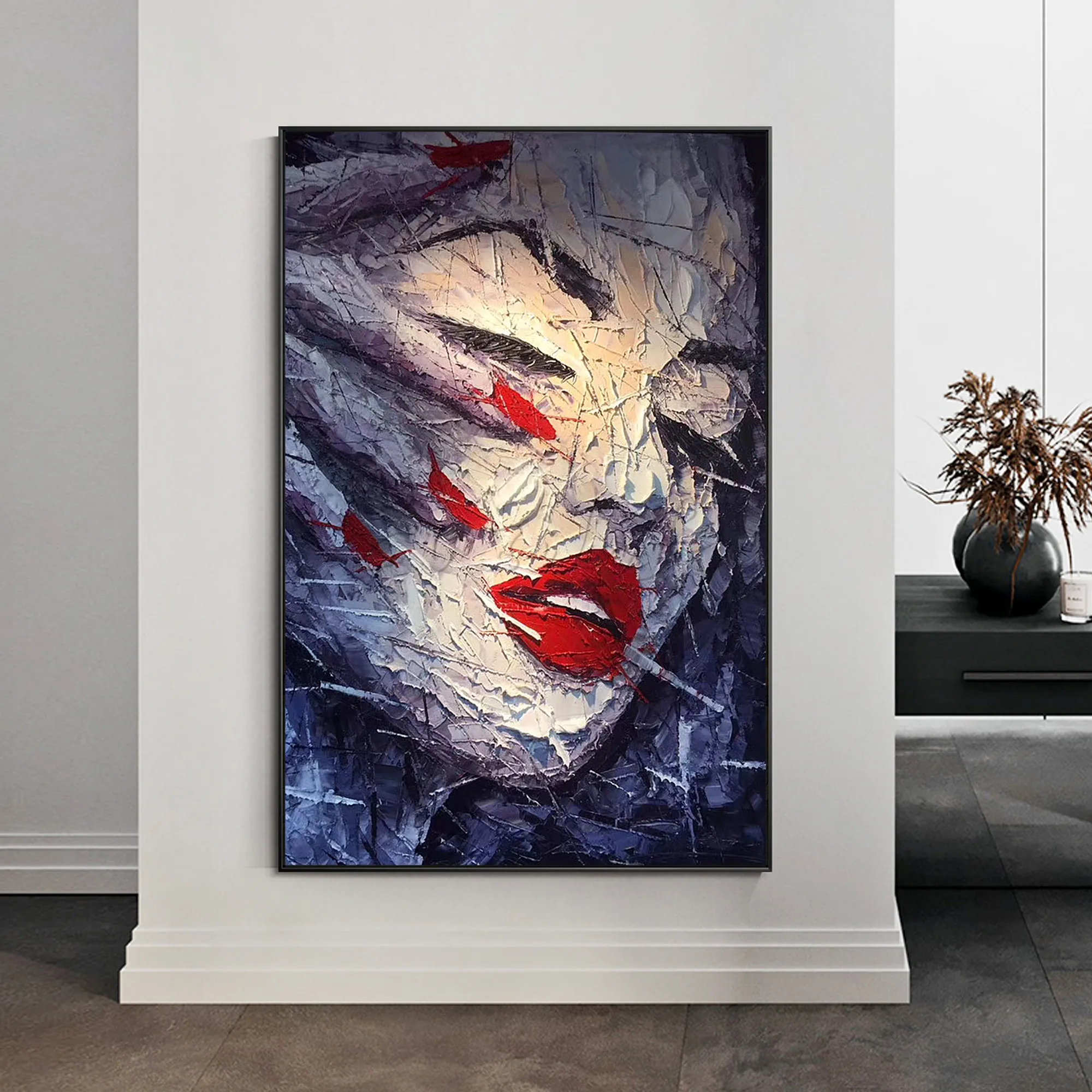 

Pallete Knife Face Painting Red Lips Nails Handmade Canvas Wall Art Posters and Prints for Living Room Home Decor Cuadros