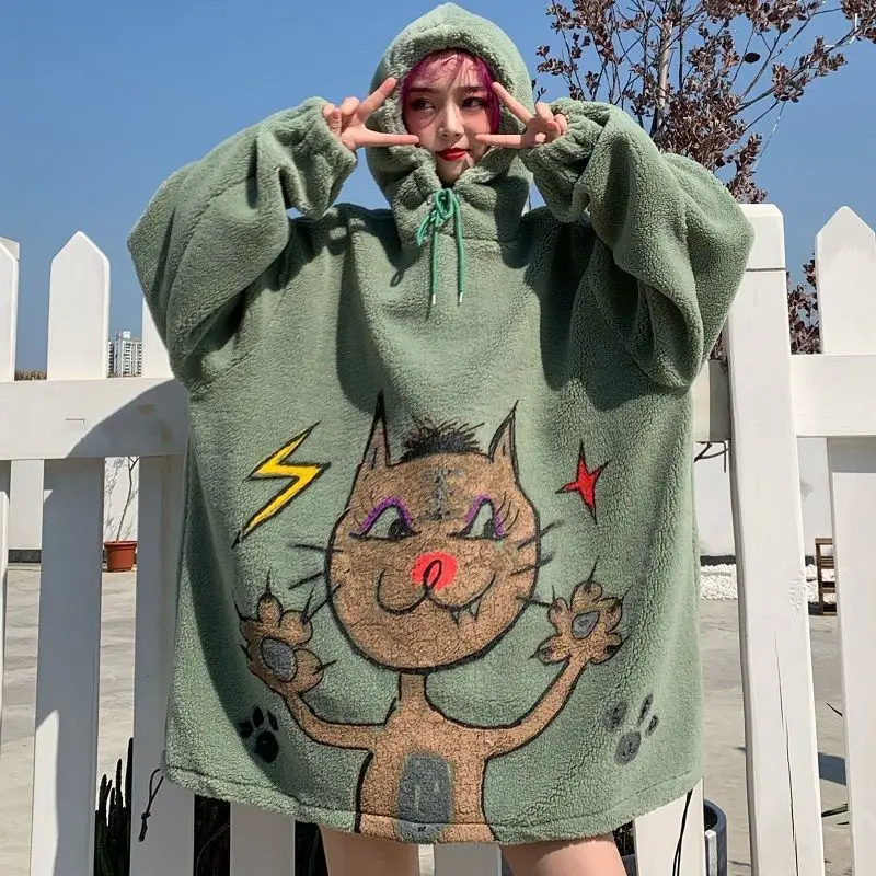 

Autumn Winter Sweatshirt Loose Imitation Lamb Wool Thickened Top Cartoon Funny Cat Hoodies Women Men Streetwear Couples Winter