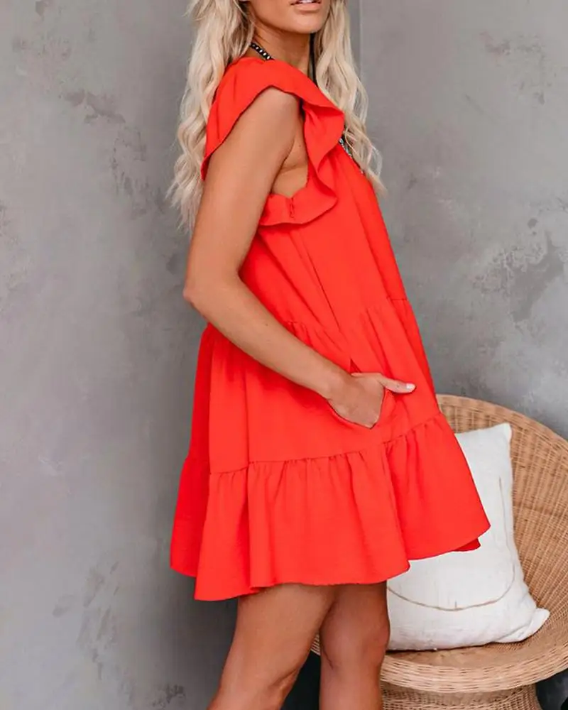 

Summer Ruffles Casual Solid Boho Mini Dress Loose Round Neck Pockets Design Ruffle Sleeve Dress