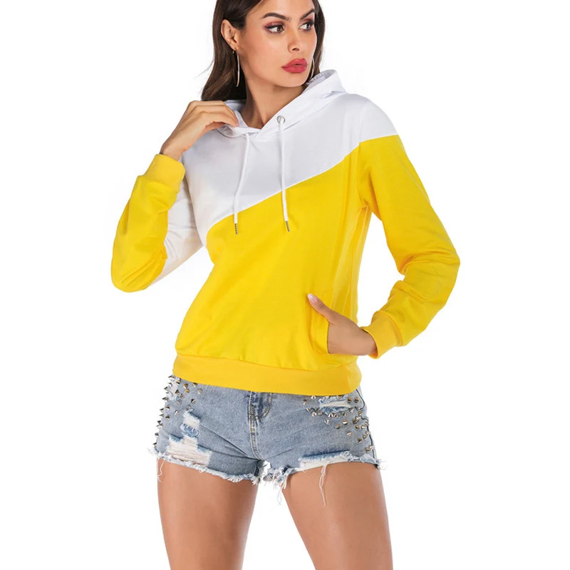 

2021 Woman Fashion New Style Contrast Hooded Long Sleeve Sweatshirts Splicing Loose Casual Pullovers With Cap
