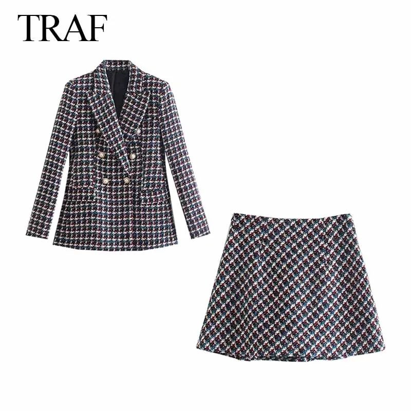 

Женский твидовый костюм с юбкой, двубортный пиджак в клетку с высокой талией, офисный костюм TRAF ZA