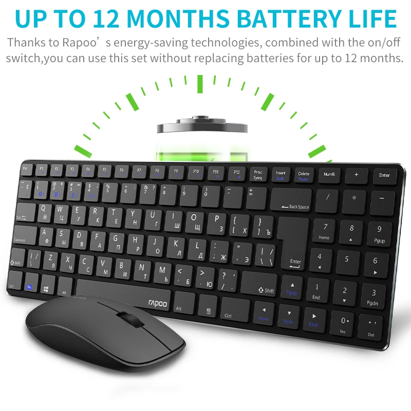 Rapoo 9300M Multi-mode Silent Bluetooth Wireless Keyboard and Mouse Combo Slim Keyboard Optical Mouse English/Russian Keyboard