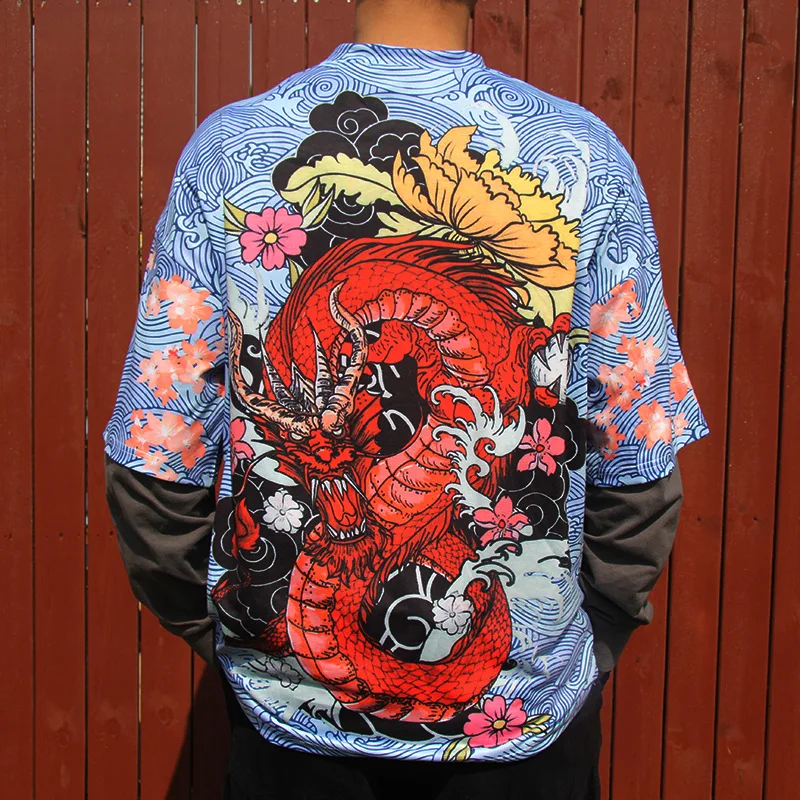 Мужская футболка 2020 уличная с пожарным драконом в стиле хип-хоп Harajuku летние