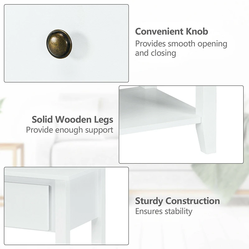 

Elegantly Simple Style Nightstand End Table Metal Knob Drawer Shelf Sturdy MDF Frame Panel Versatile Bedside Table Storage Table