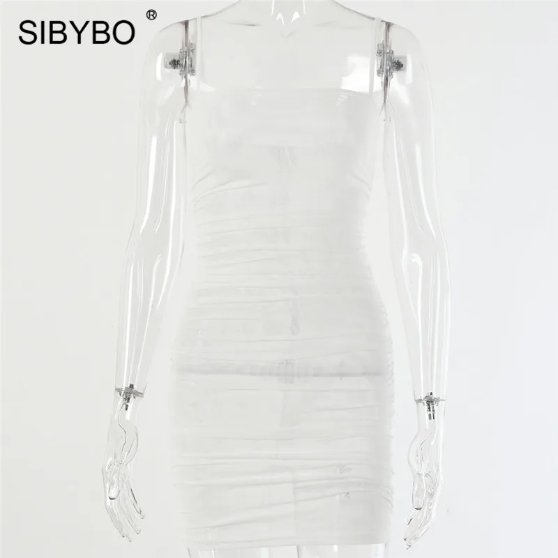 Белый Sibybo, Сетчатое летнее платье без бретелек, женское, без рукавов, на тонких бретелях, сексуальное, мини-платье, с открытой спиной, Пляжное, вечернее платье, короткое - Цвет: Белый