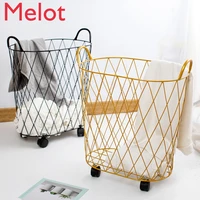 modern golden fashion metal gold color dirty clothes storage handle wheel laundry basket home creative organizer with wheel