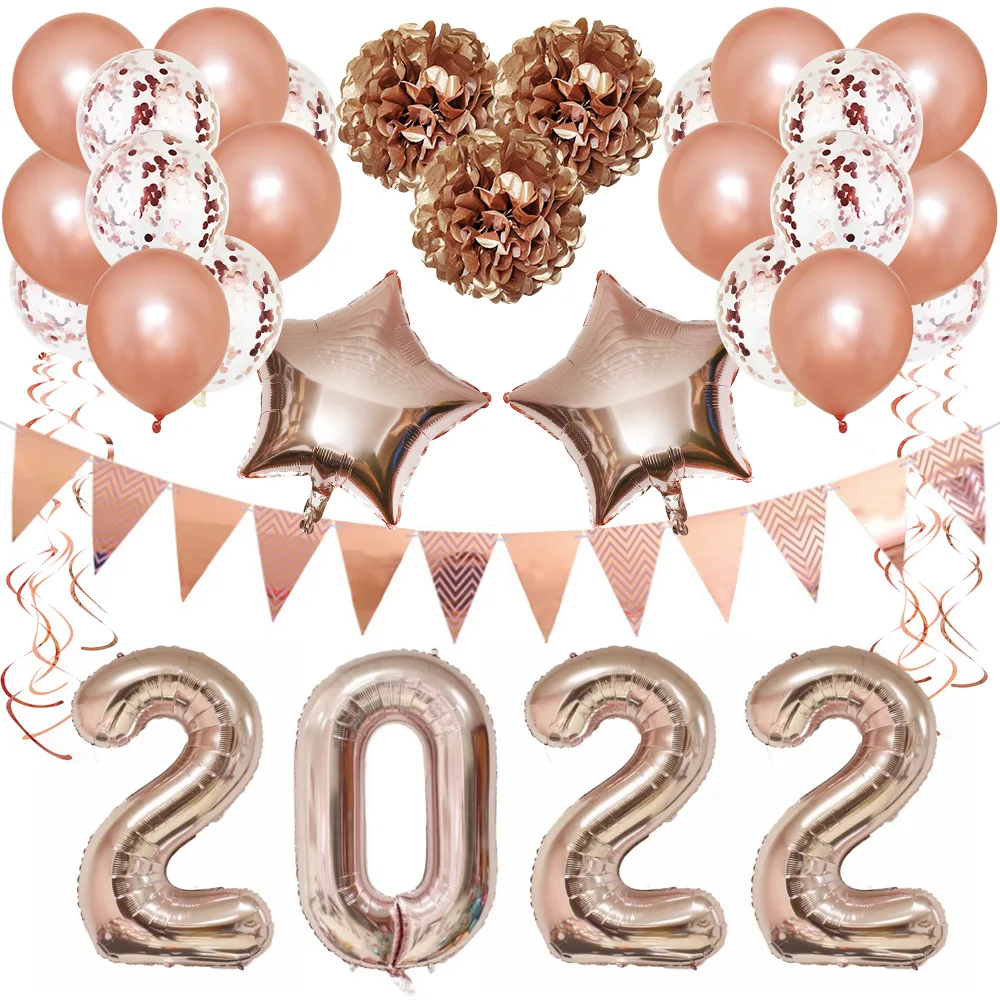 

2022 Happy New Year Party Decoration Gold Silver Rose Gold Latex Balloons with Paper Pompoms Number 2022 Foil Balloon Supplies