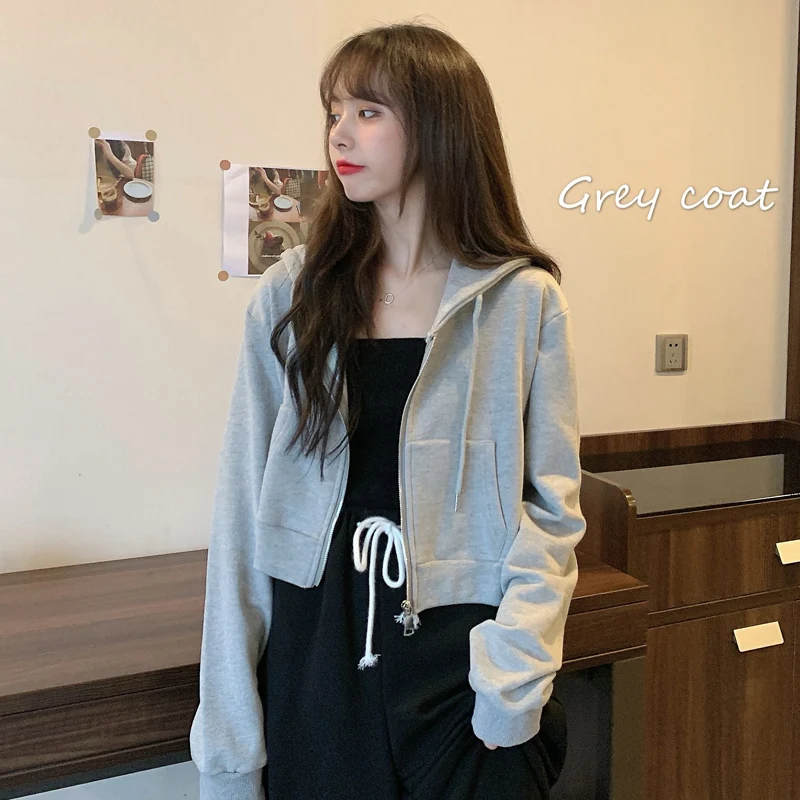 

Spring 2021 New Loose Short Hoodies Women Top Sports Casual Cardigan Sweater Jacket Female Zipper Hooded Sweatshirt for Girls