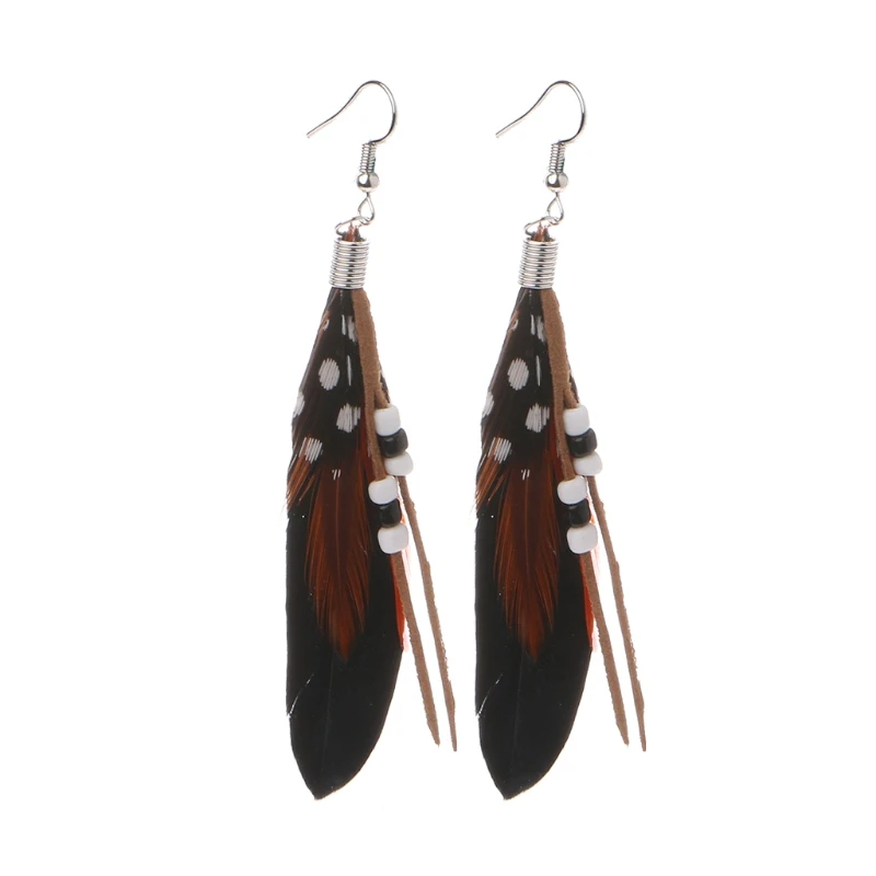 

1 Pair Bohemia Handmade Natural Goose Feather Beads Tassel Dangle Earrings Women T84B