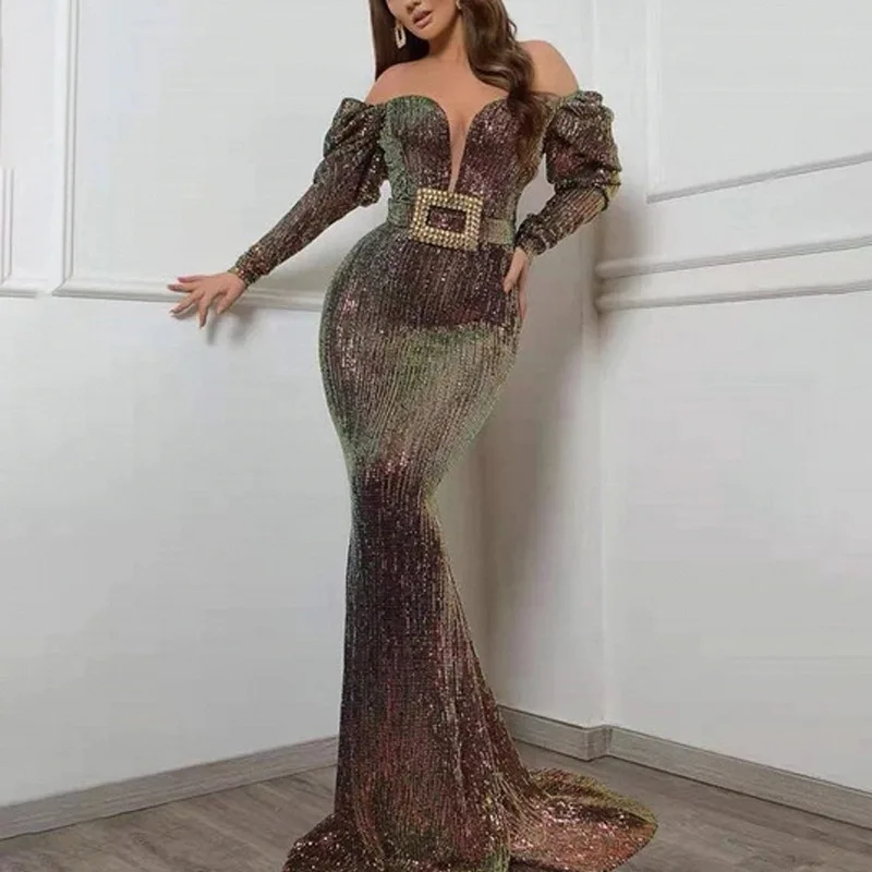 

2022 new style women's night full dress sequins bare shoulder floor length women dresses bridesmaid dress