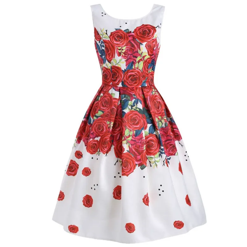 

Women Retro Rose Flower Pin Up Pleated Summer Dress 2020 Backless O-Neck Woman Clothes Vintage Floral Print Rockabilly Dresses