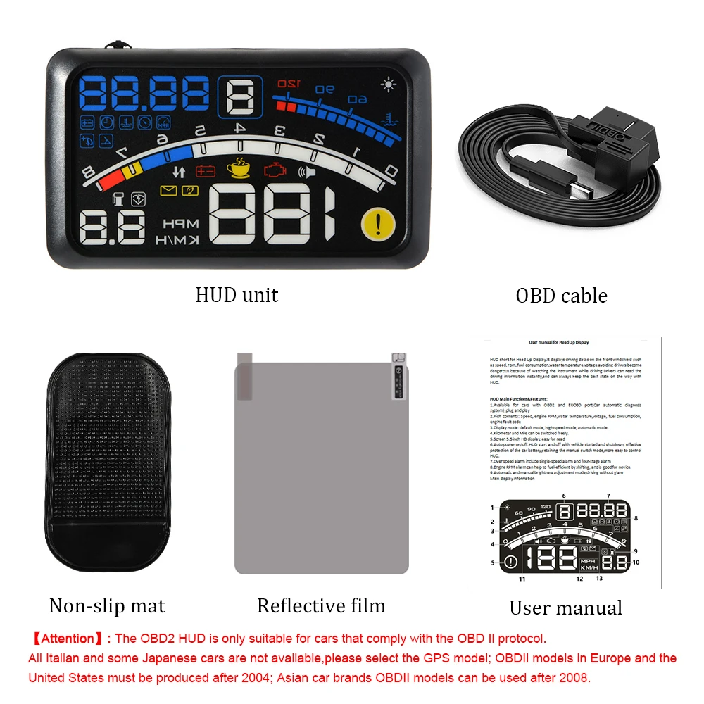 Автомобильный HUD OBD2 порт дисплей с поддержкой большинства европейских и