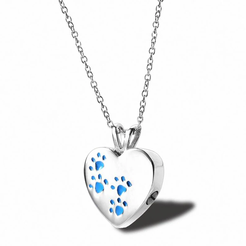 

Stainless Steel Blue Oil Drop Cremation Urn Pendant Pet Paw Necklace Jewelry Gift For Him Ash Jewellery with Filling Kit