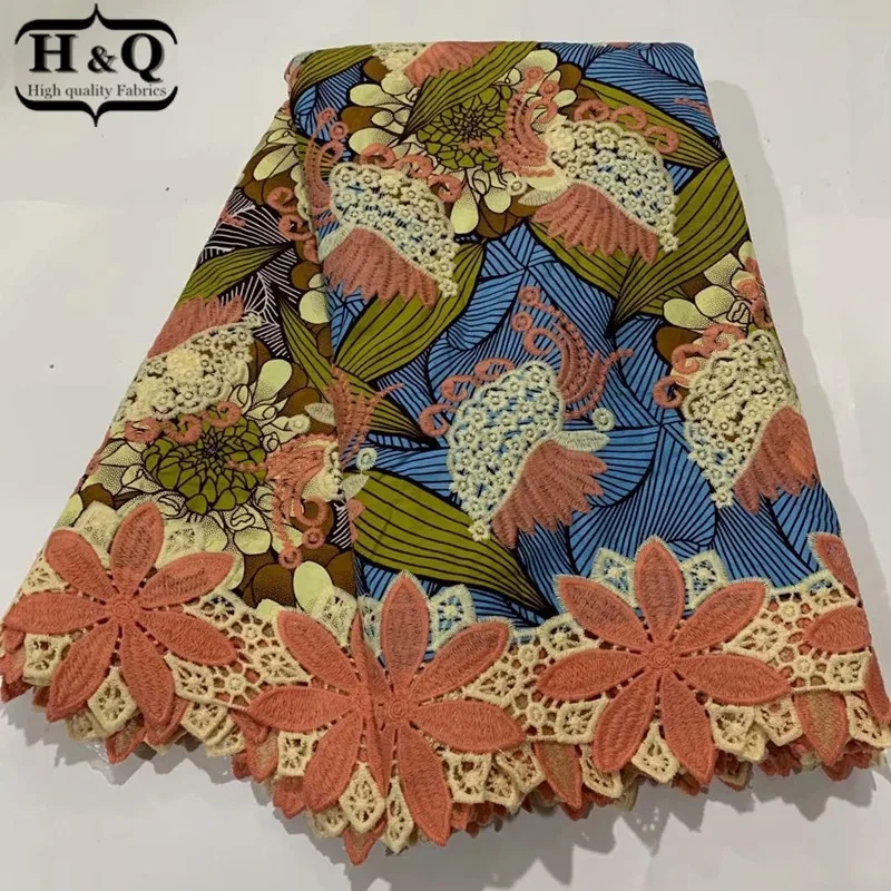 

H&Q latest nigerian water soluble lace high quality wax fabric 100% cotton embroidery 6 yards/pcs african batik lace fabric H814