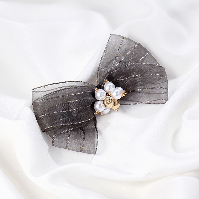 

CHIMERA Gray Bow Hair Barrette Clip Large Mesh Bowknot Pearl Hair Pins Clamp for Women Girls Korean Lace Headwear Accessories